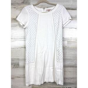 Skies Are Blue Women XS White Eyelet Short Sleeve Shift Mini Linen Casual Dress